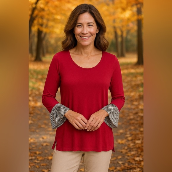 Soft Surroundings Tops - Soft Surroundings Chantal Striped Bell Sleeve Red Blouse Size Large